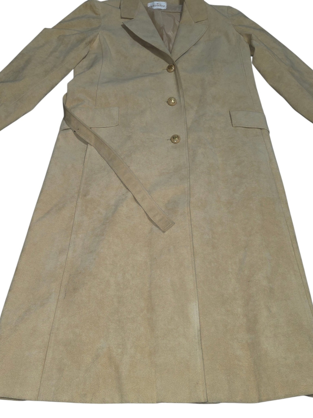 Vtg Abe Schrader Beige Faux Suede Duster Coat Belted Long Trench Jacket Sz 14 - Picture 5 of 14